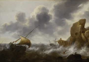 En fiskebåt utanför en klippig kust i en storm med ett vrak, ca 1664-65 (olja på pannå)