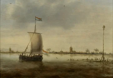 Ett segelfartyg längs kusten i en holländsk stad som tros vara Schoonhoven
