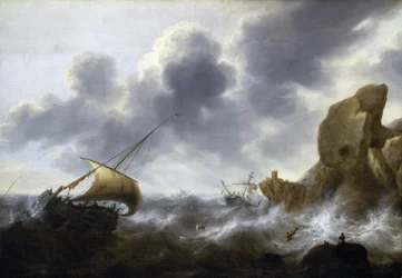 En fiskebåt i storm nära en klippig kust med ett skeppsbrott. Olja på duk av Jacob Adriaensz Bellevois (1621-1675).