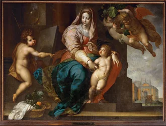 Heliga Maria med Jesusbarnet, den unge Johannes Döparen och änglar (målning på duk)