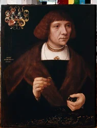 Porträtt av en man med ringar. Manliga porträtt med ringar. Jacob Van Utrecht målning (cirka 1479-efter 1525)