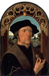 ""Porträtt av en man"" (Porträtt av en man) Porträtt av en man från den holländska bourgeoisin, med en silverjuvel i handen. Målning av Jacob Cornelisz van Oostsanen (cirka 1470-cirka 1533) Eremitagemuseet Sankt Petersburg