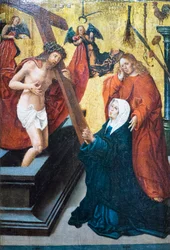Uppstånden Kristus med symbolen för passionen som visar sig för Madonnan och Sankt Johannes evangelisten