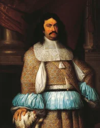 Porträtt av Ranuccio II Farnese (1630-1694), hertig av Parma och Piacenza och Castro, målning av Jacob Denys (1644-1708), detalj.