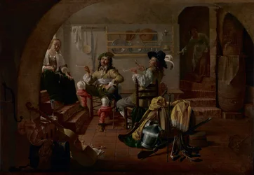 Interiör med soldater och kvinnor, ca 1650 (olja på pannå)