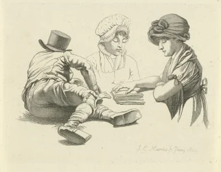 Studieblad med en liggande man och två damer Studietryck / Etudes gravées (serietitel)