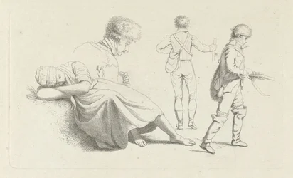 Studieblad med en sovande kvinna och en jägare Studietryck / Etudes gravées (serietitel)