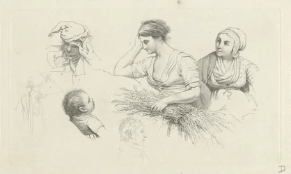 Studieblad med en kvinna med ett knippe grenar och figurer Studietryck / Etudes gravées (serietitel)