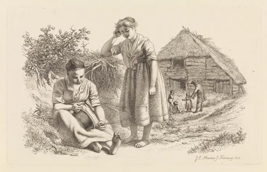 Två kvinnor och en man med barn framför en lada Studietryck / Etudes gravées (serietitel)