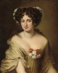 Porträtt av Contessa Ortensia Ianni Stella, bystlängd, i en elfenbenskåpa, med blommor i håret