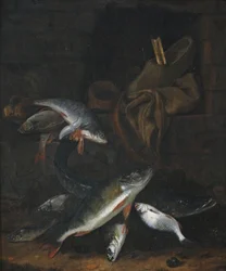 Fiskstilleben med gädda och braxen på en vägg