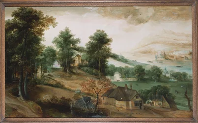 Ett vidsträckt landskap med stugor i förgrunden, 1561