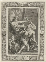 Fantasin tämjer Fader Tid; Titelblad till: J. C. Weyerman, De nederländska manliga och kvinnliga målarnas levnadsbeskrivningar, 1729
