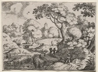 Sex landskap: väg mellan träsk och trädbevuxen bank, ca. 1595.