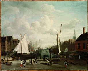 Hamn med segelbåtar och marknadsstånd (målning på duk)