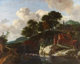Kuperat landskap med en vattenkvarn, cirka 1670