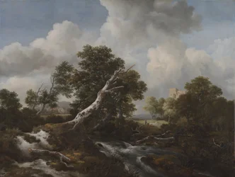 Lågt vattenfall i ett skogslandskap med ett dött bokträd, ca. 1660-70