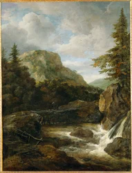 Bergslandskap med vattenfall (målning på duk)