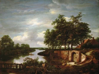 Flodlandskap med källaringång - Jacob Isaacksz van Ruisdael (1628/29-1682). olja på trä