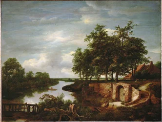 Flodlandskap och ingång till en källare (målning på ek)