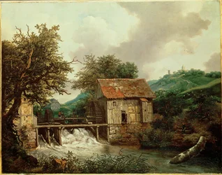 Två vattenkvarnar och en öppen sluss vid Singraven, Nederländerna (olja på duk)