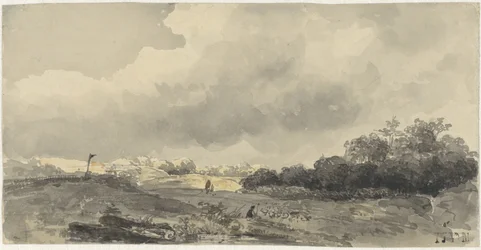 Landskap med herde under tung molnig himmel