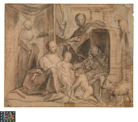Tyska: Den heliga familjen med Elisabeth och Johannes Döparen (baksida: dörr, dörröppning och Hermes)
Nederländska: De Heilige Familie met Elisabeth en de kleine Johannes (baksida: Deur, deuropening en Hermes)