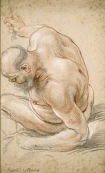 Naken gammal man sittande, lutad på sin underarm, vänd åt vänster, ca 1640