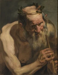 Gammal Satyr som håller en flöjt, ca 1620