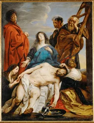 Pieta. Sankta Maria håller Kristi kropp på sina knän.
knä, Maria Magdalena drar törnen från Kristi panna
Maria Salome kysser hans hand (målning på duk)