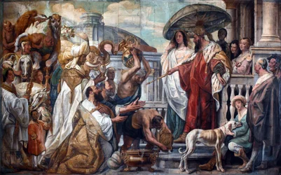 Kalifen Harun al-Rashids sändebud överlämnar en klocka till Karl den store, 1660