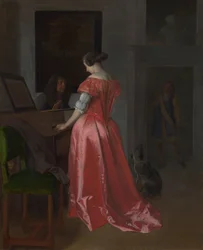 En kvinna som står vid ett cembalo, ca 1675