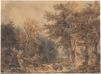 Skogslandskap med figurer och boskap