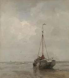 Fiskebåt med bred för på Scheveningens strand. Omkring 1885