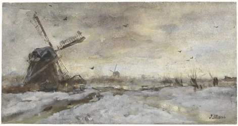 Landskap med en väderkvarn i snön