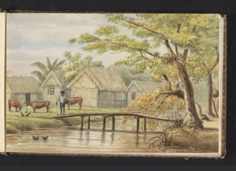 Slavbostäder på kaffeplantagen Sorgvliet. Slavbostad (titel på föremålet). Utsikt över Blackhuizen på plantagen Sorgvliet (titel på föremålet). Album med teckningar av Surinam, s. 5 (50) (serietitel)