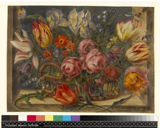 Blomsterstudie: diverse blommor i en korg, med insekter och en ödla i fönstermiljö, 1634