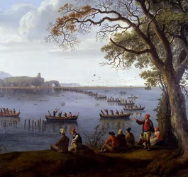 Ferdinand IV jagar sothöns på sjön Fusaro, av Jacob Philipp Hackert (1737-1807), Detalj