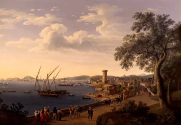 Gaetas hamn, piren och fästningen, av Jacob Philipp Hackert
