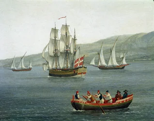 Vy över fartyg i Messinasundet, Reggio Calabria, Italien (fartyg i Messinasundet mellan Reggio Calabria och Sicilien), detalj. Jacob Philipp Hackert, kallad Hackert d