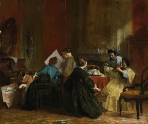 Grupp kvinnor som tittar på stereoskopiska fotografier, ca 1868 (olja på panel)