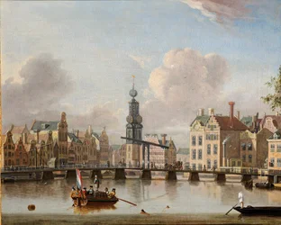 En vy över Munt, Amsterdam med figurer i båtar och simning i kanalen (olja på duk)