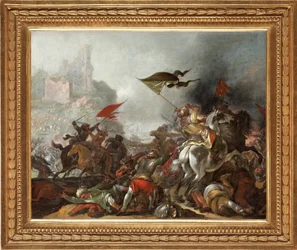 Strid mellan turkar och kristna under den ottomanska arméns erövring av Konstantinopel 1453 - Målning av Jacob Matthias Weyer (1620-1670), olja på trä (39x49 cm) - Turkiska kriget, Olja på trä av Jacob Matthias Weyer - Privat samling
