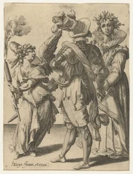 En cupid med ögonbindel med en fackla framför ett par i festlig klädsel The Masquerades (serietitel)