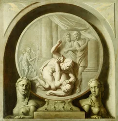 En dekorativ runddel med Odysseus som kämpar mot tiggaren och med Sphynxs
