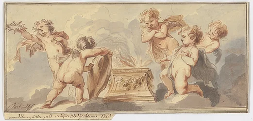 Fem amouretter offrar vid ett altare. 1723