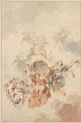 Genier och putti grupperade kring en blomsterkorg som stiger mot himlen