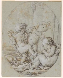 Three Putti: Design för en Grisaille-målning