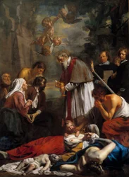 Saint Macaire i Gent räddar pestiferer Saint Macaire är en armenisk munk från 1000-talet. Målning av Jacob II van Oost (1637-1713) 1673 Sön. 3,5x2,57 m