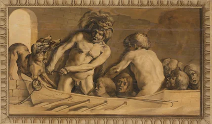 Herkules hämtar Cerberus från underjorden (Charon, Styxens färjeman)